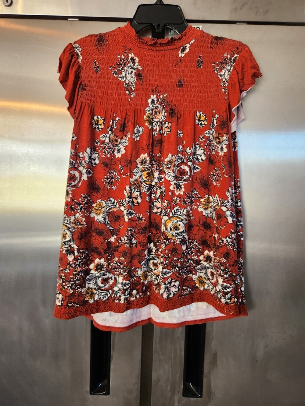 Rewind Juniors Smocked Mock Neck Top M | Rust Floral Flutter Sleeve Boho